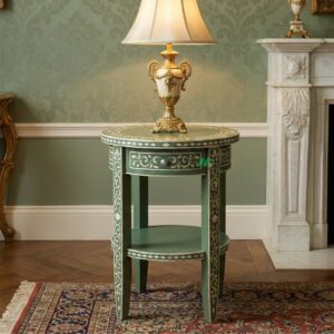 Bone Inlay Green Round Bedside Table with 1 Drawer
