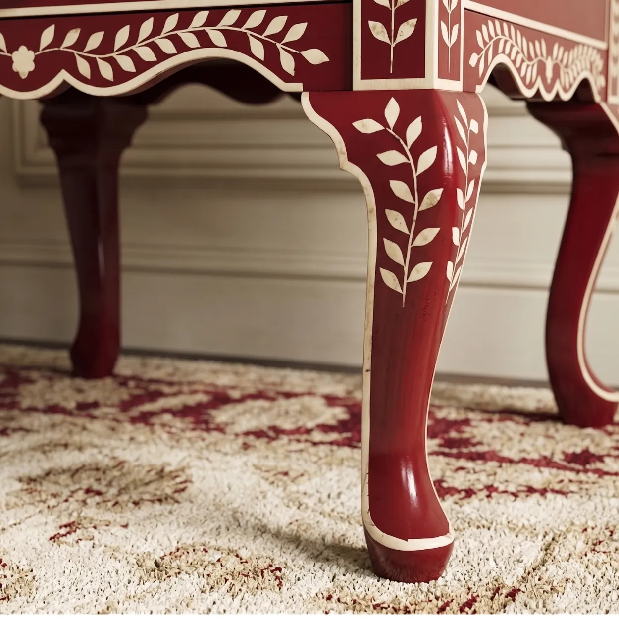 Bone Inlay Red Bedside Table - Image 7