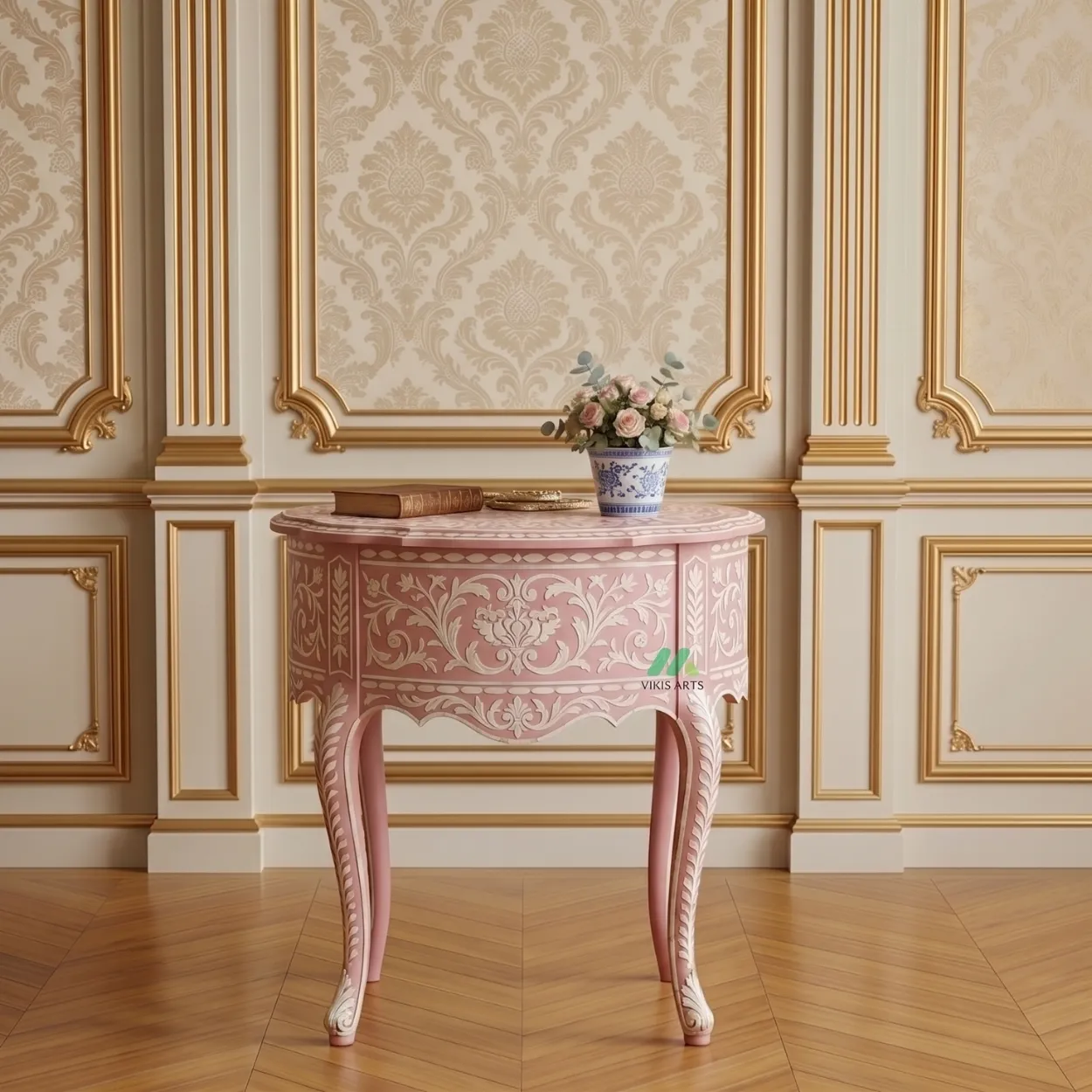 Bone Inlay Pink Round Bedside Table - Image 2