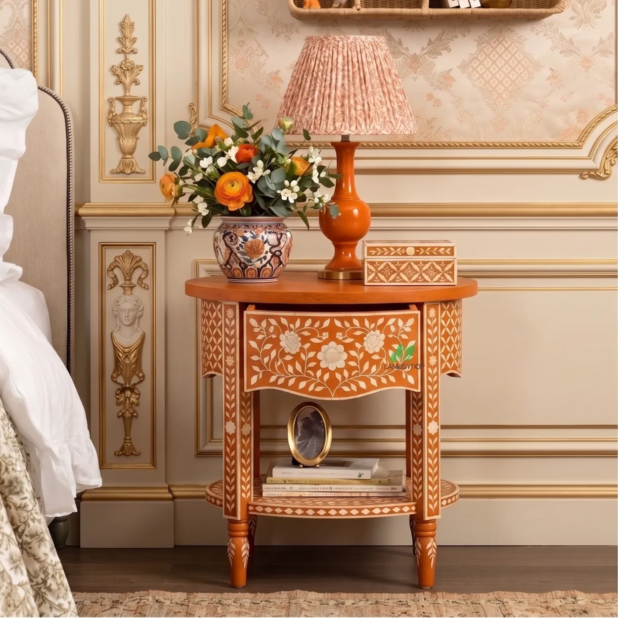 Bone Inlay Orange Bedside Table - Image 4