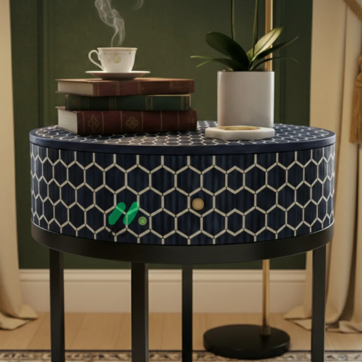Bone Inlay Blue Round Bedside Table with 2 Drawers - Image 5
