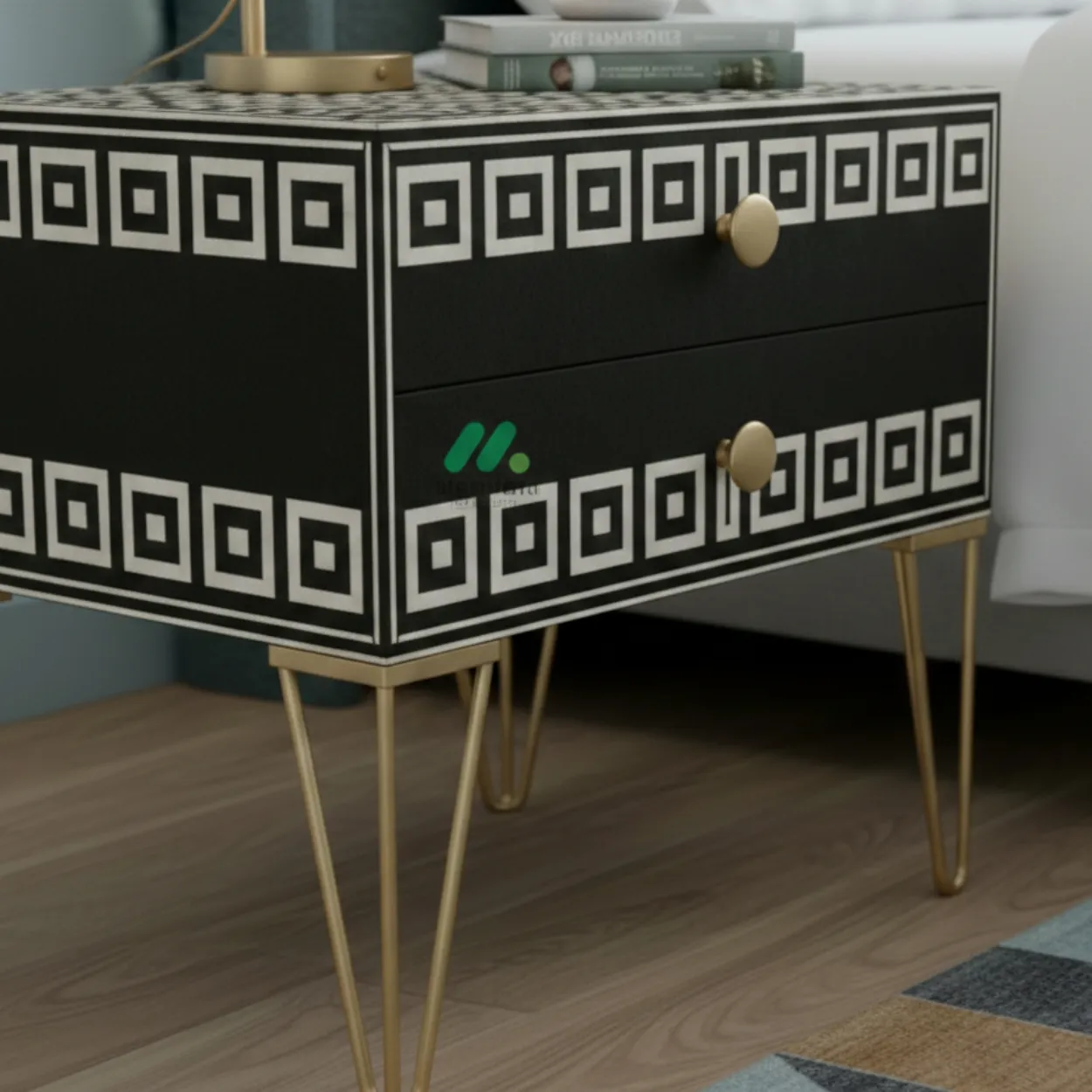 Bone Inlay Black Bedside Table with 2 Drawer - Image 5