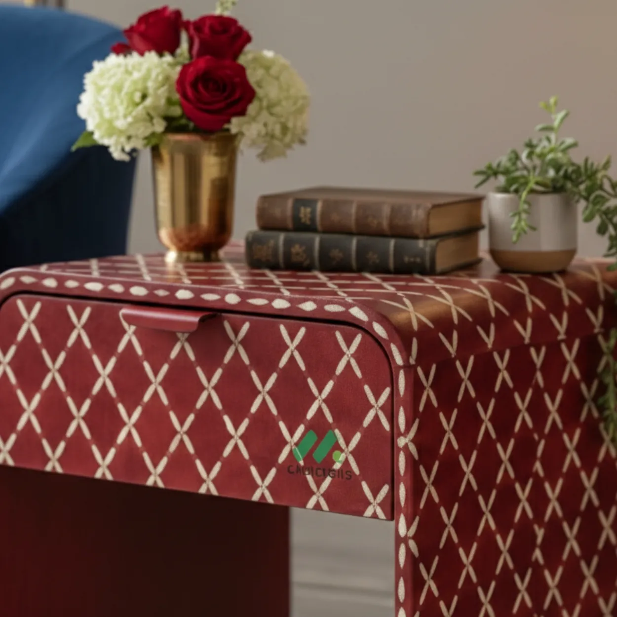 Bone Inlay Red Bedside Table - Image 4