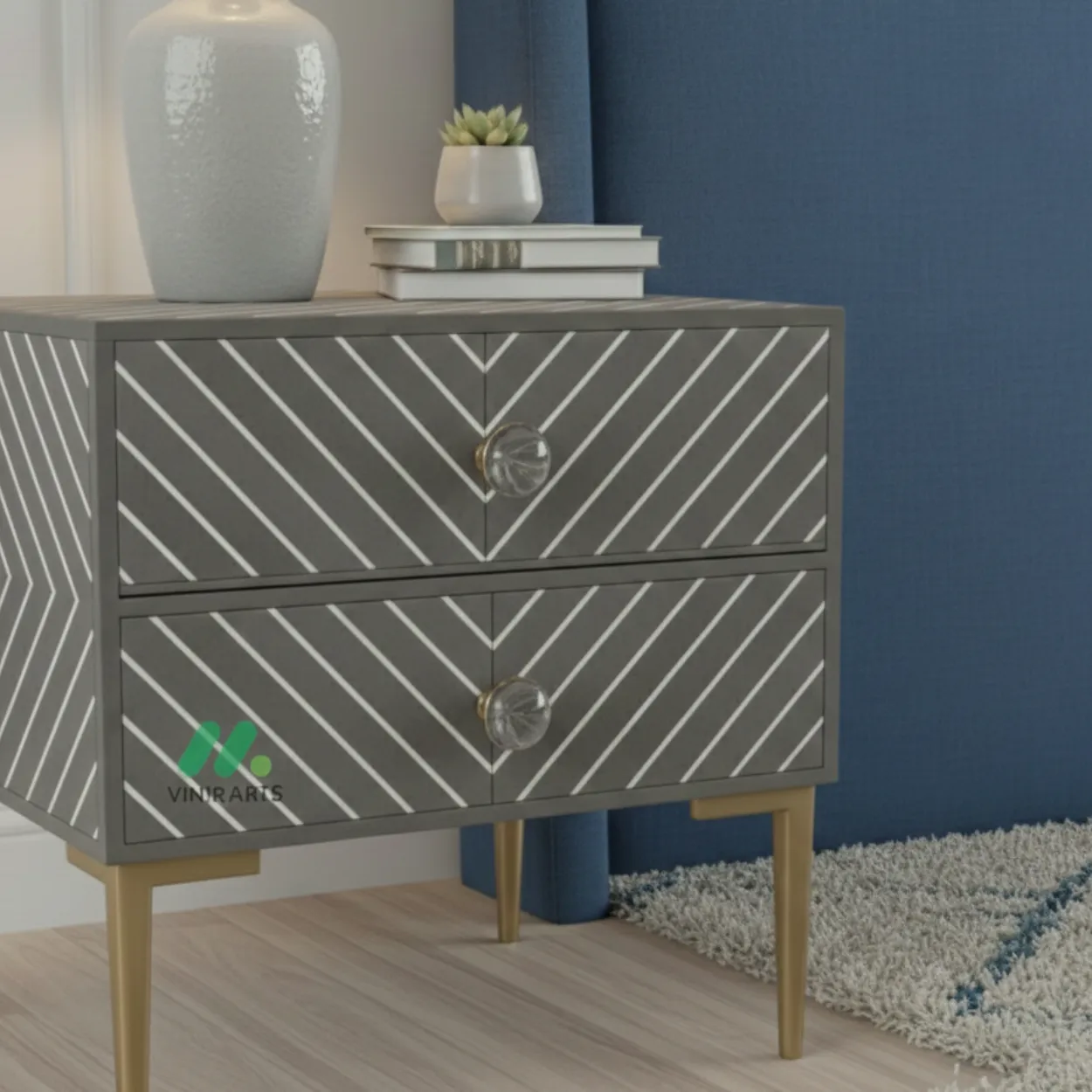 Bone Inlay Grey Bedside Table with 2 Drawer - Image 4