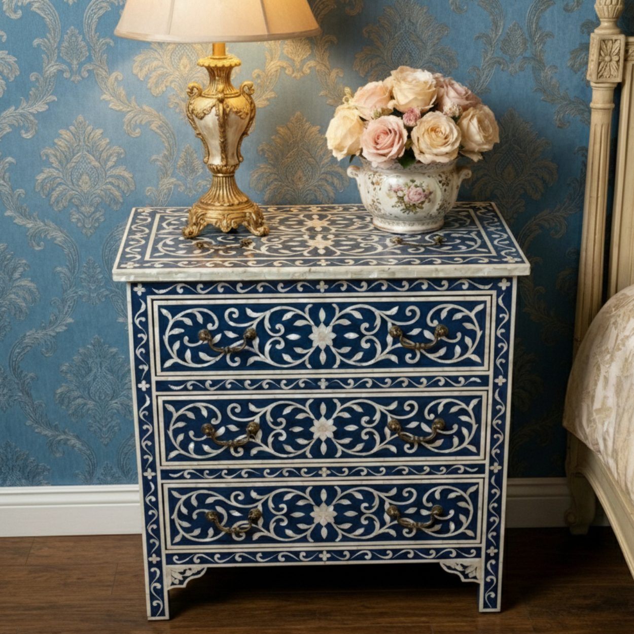 Mother Of Pearl Navy Blue Bedside Table with 3 Drawer - Image 3