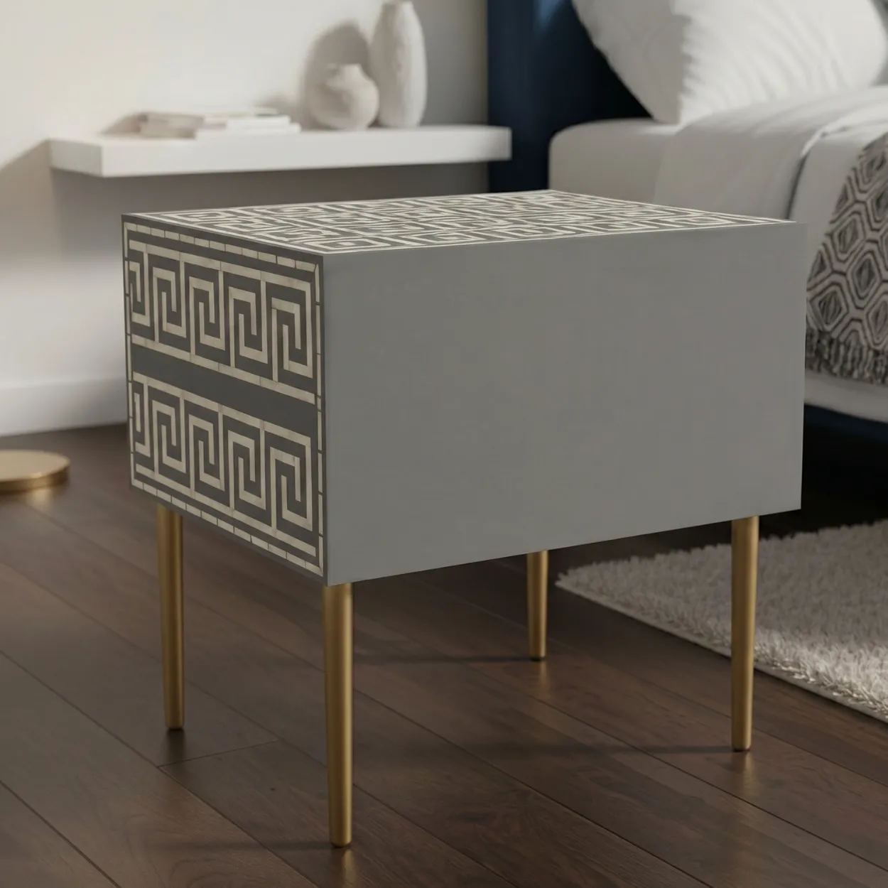 Bone Inlay Grey Bedside Table with 2 Drawer - Image 2
