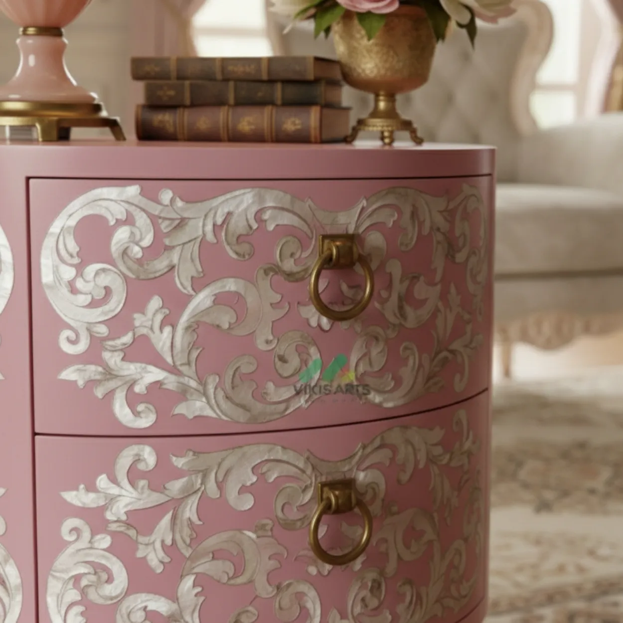 Mother of pearl Pink Round Bedside Table - Image 5