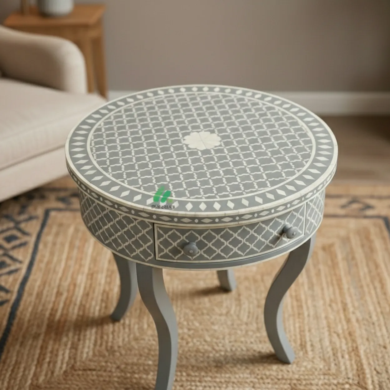 Bone Inlay Grey Round Bedside Table with 1 Drawer - Image 3