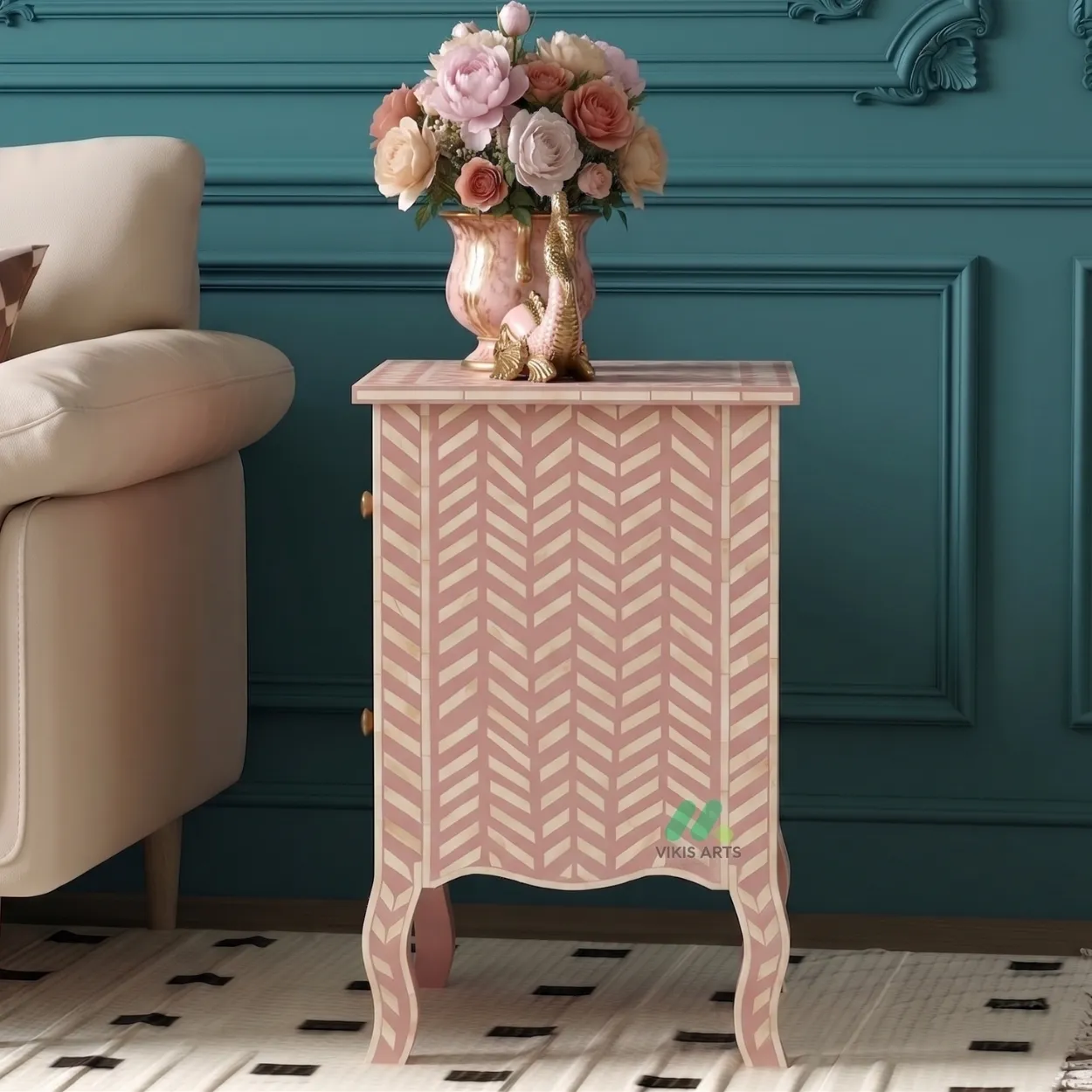 Bone Inlay Pink Bedside Table - Image 4