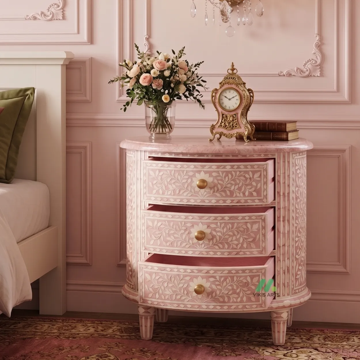 Bone Inlay Pink Round Bedside Table - Image 5