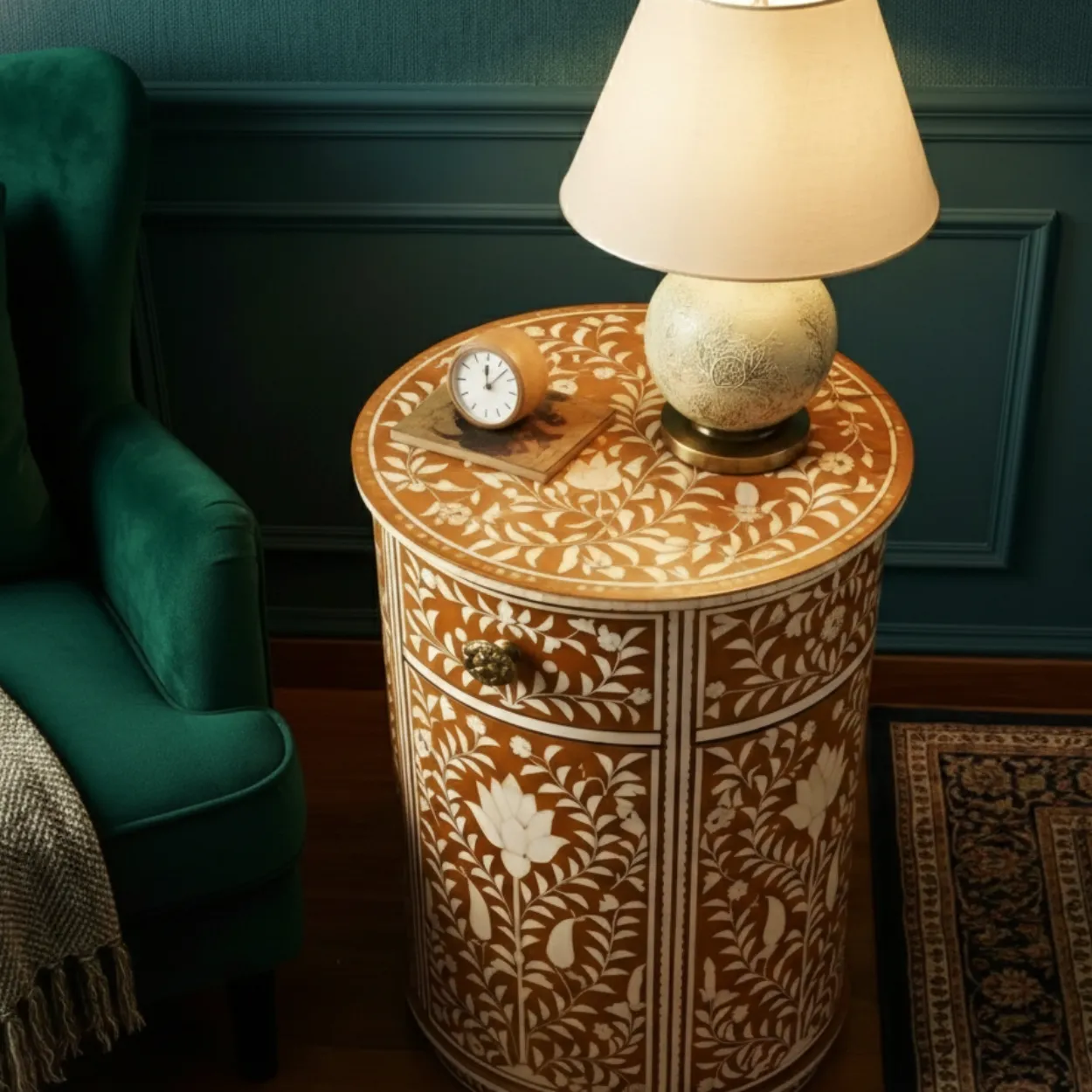 Bone Inlay Brown Round Bedside Table - Image 3