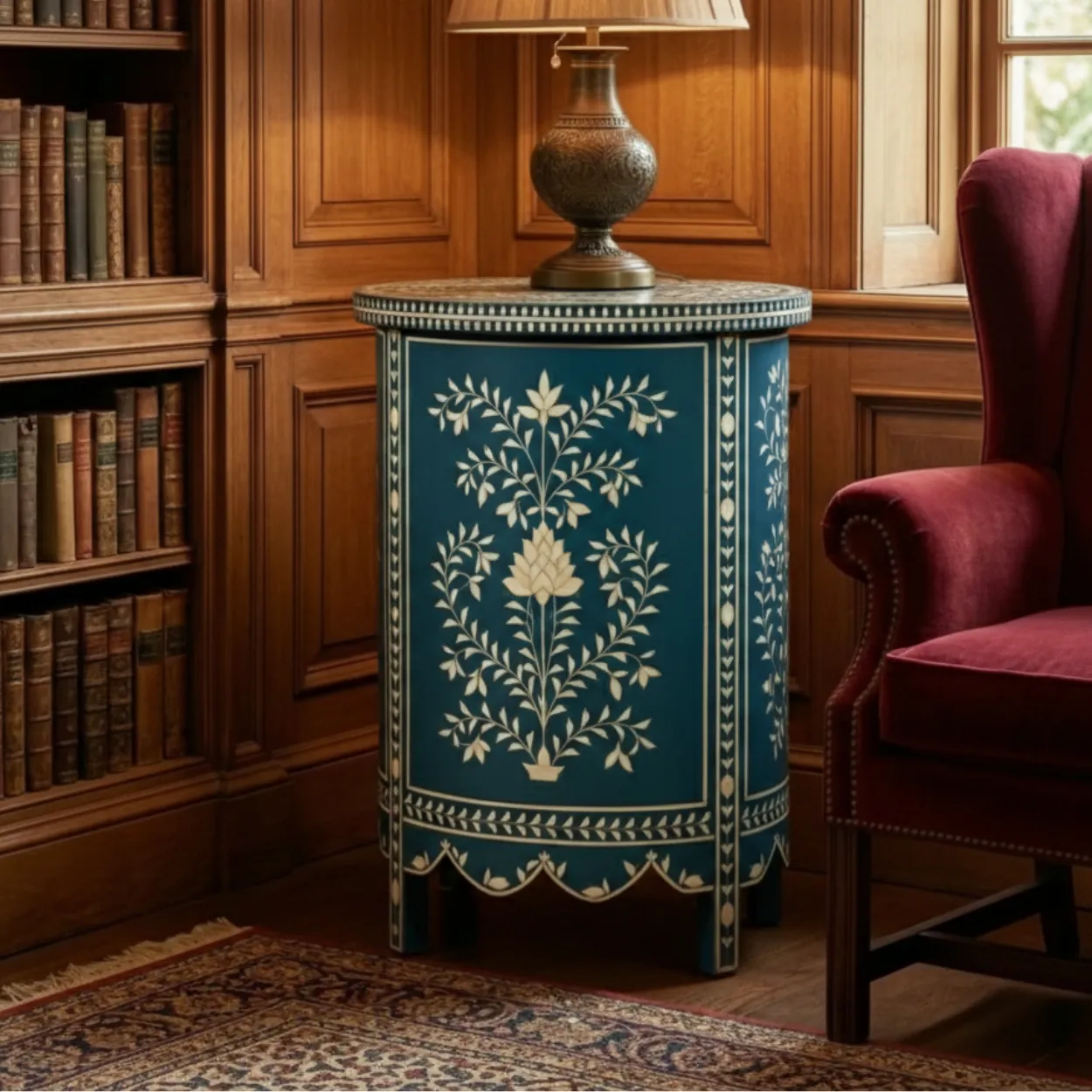 Bone Inlay Blue Round Bedside Table - Image 2