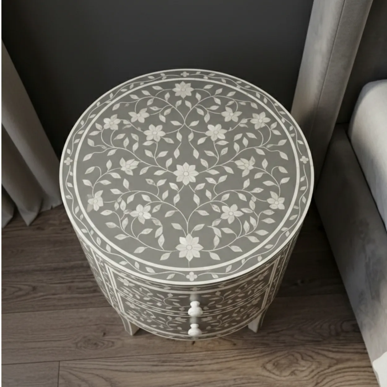 Mother of Pearl Grey Round Bedside Table - Image 2