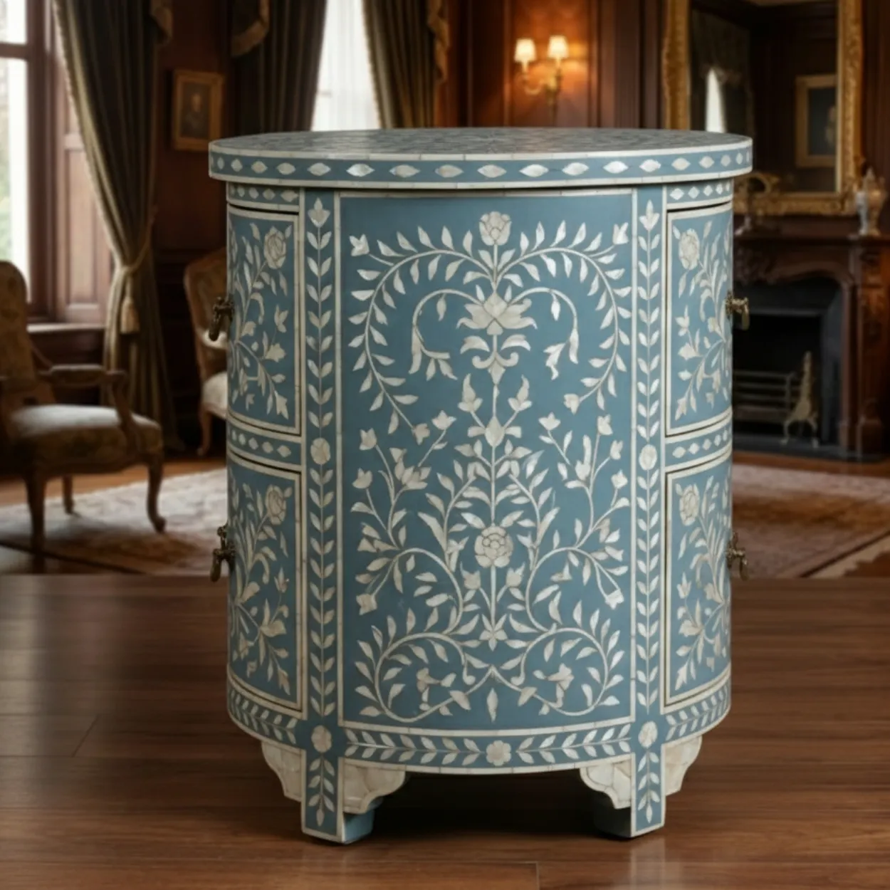 Mother Of Pearl Blue Round Bedside Table with 2 Drawer - Image 2