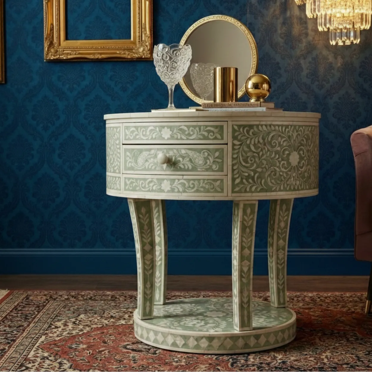 Mother Of Pearl Green Round Bedside Table with 1 Drawer - Image 4