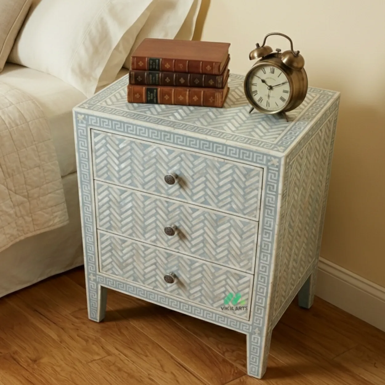 Mother Of Pearl Blue Bedside Table with 3 Drawer - Image 4