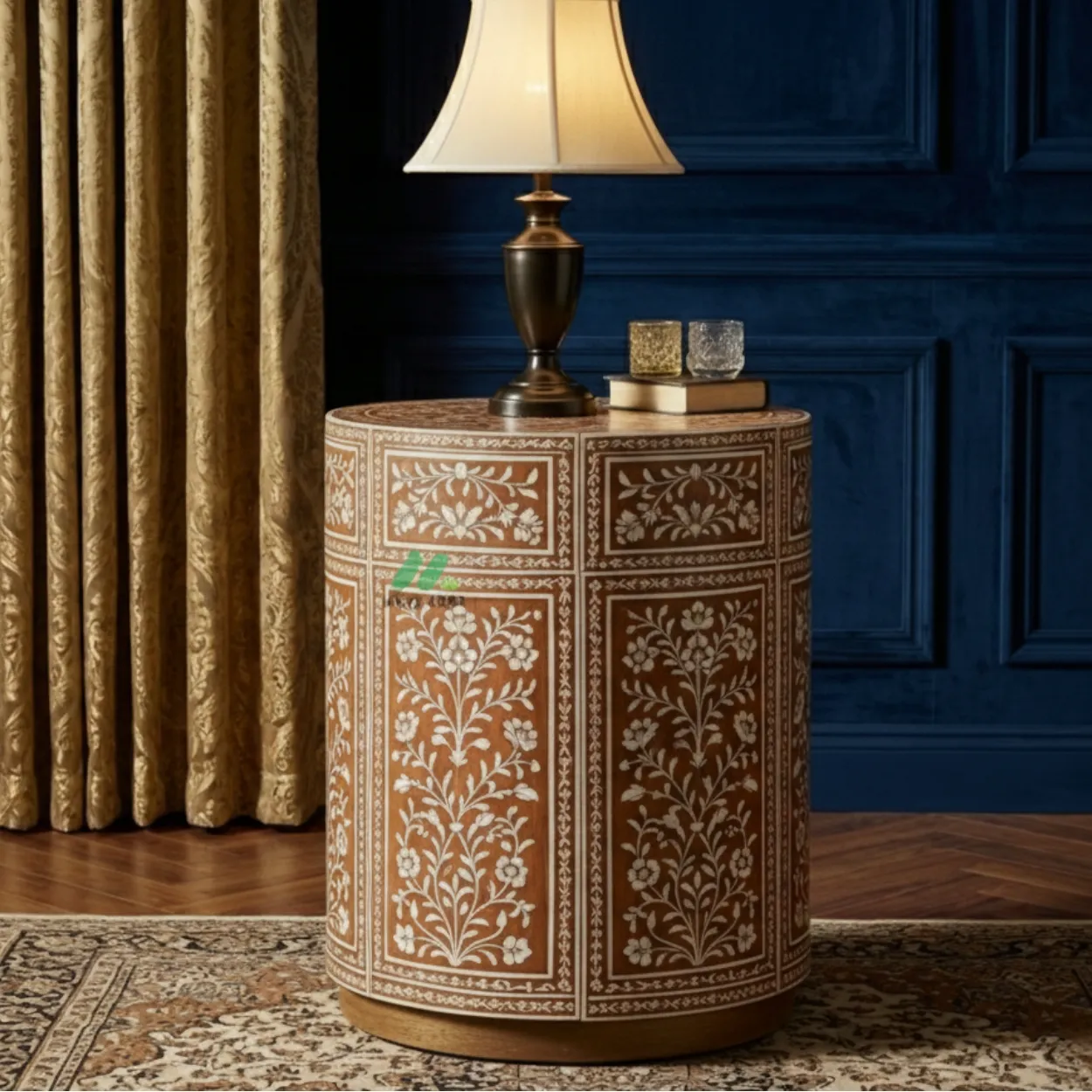 Mother Of Pearl Brown Round Bedside Table - Image 2