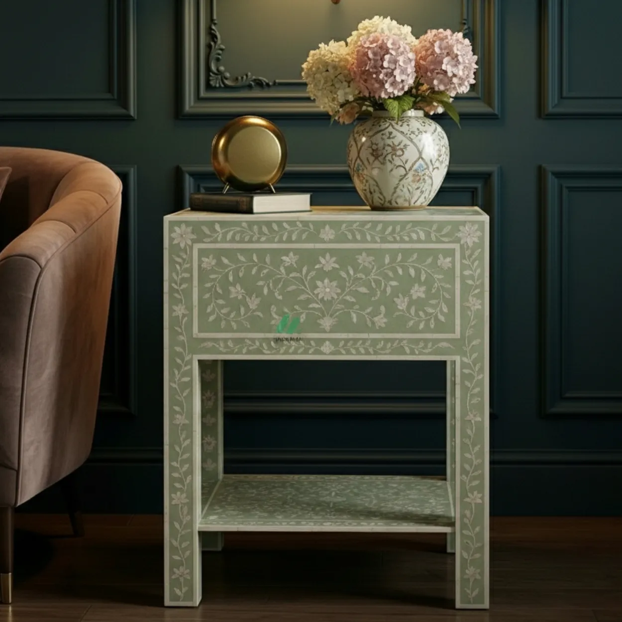 Mother Of Pearl Light Green Bedside Table with 1 Drawer - Image 2