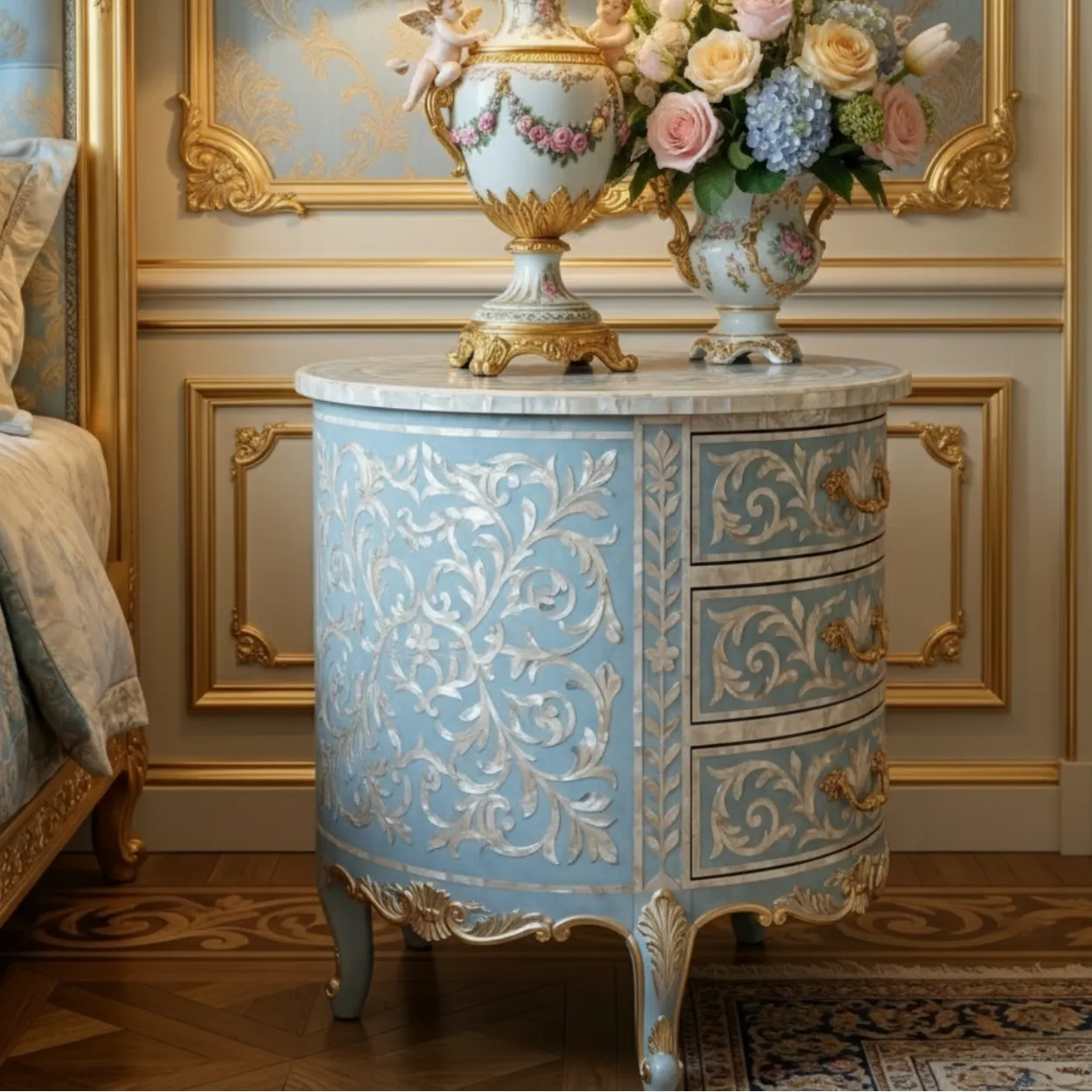 Mother Of Pearl Light Blue Round Bedside Table with 3 Drawer - Image 5