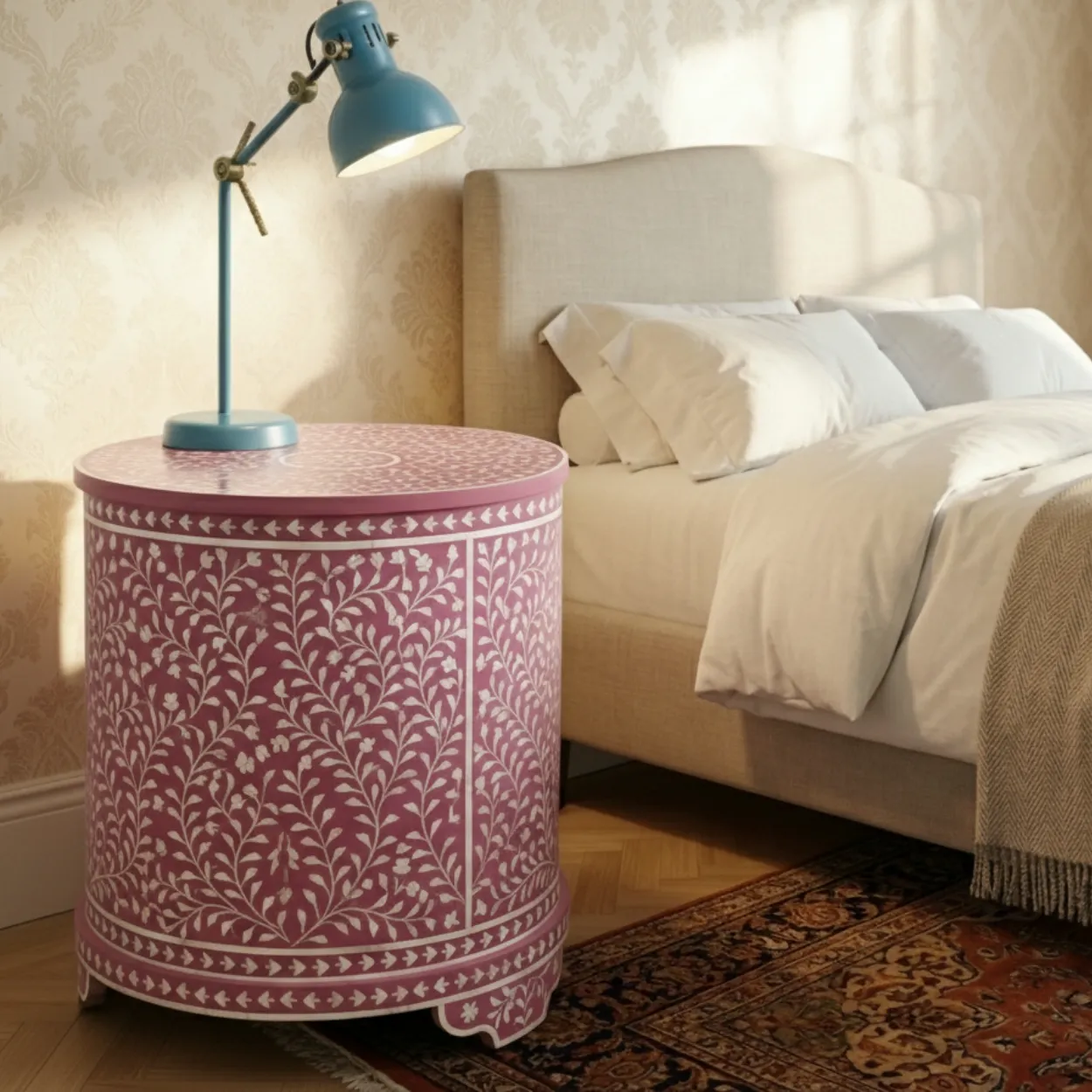 Mother Of Pearl Pink Round Bedside Table - Image 2
