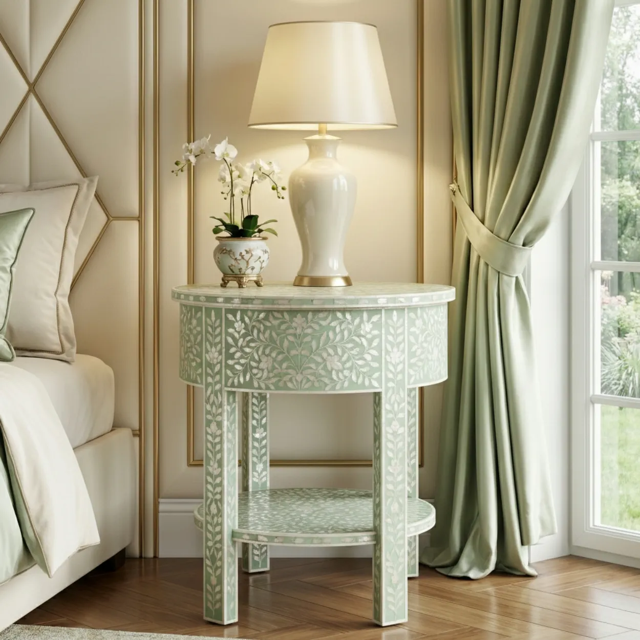 Mother Of Pearl Light Green Round Bedside Table with 1 Drawer - Image 2