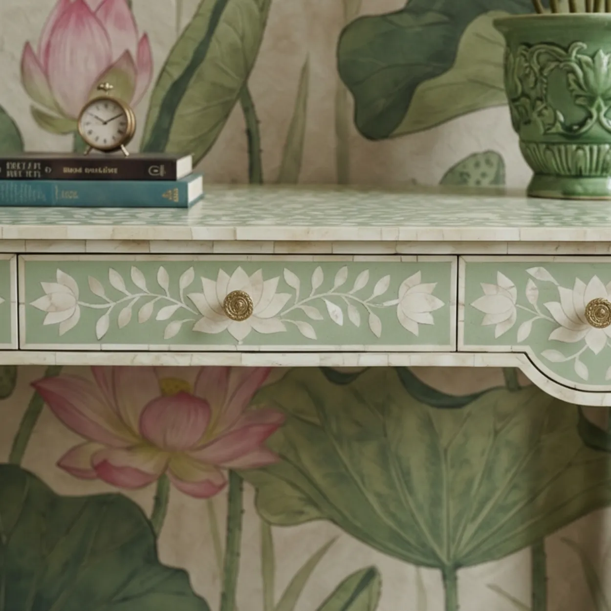 Bone Inlay Green Console Table - Image 6