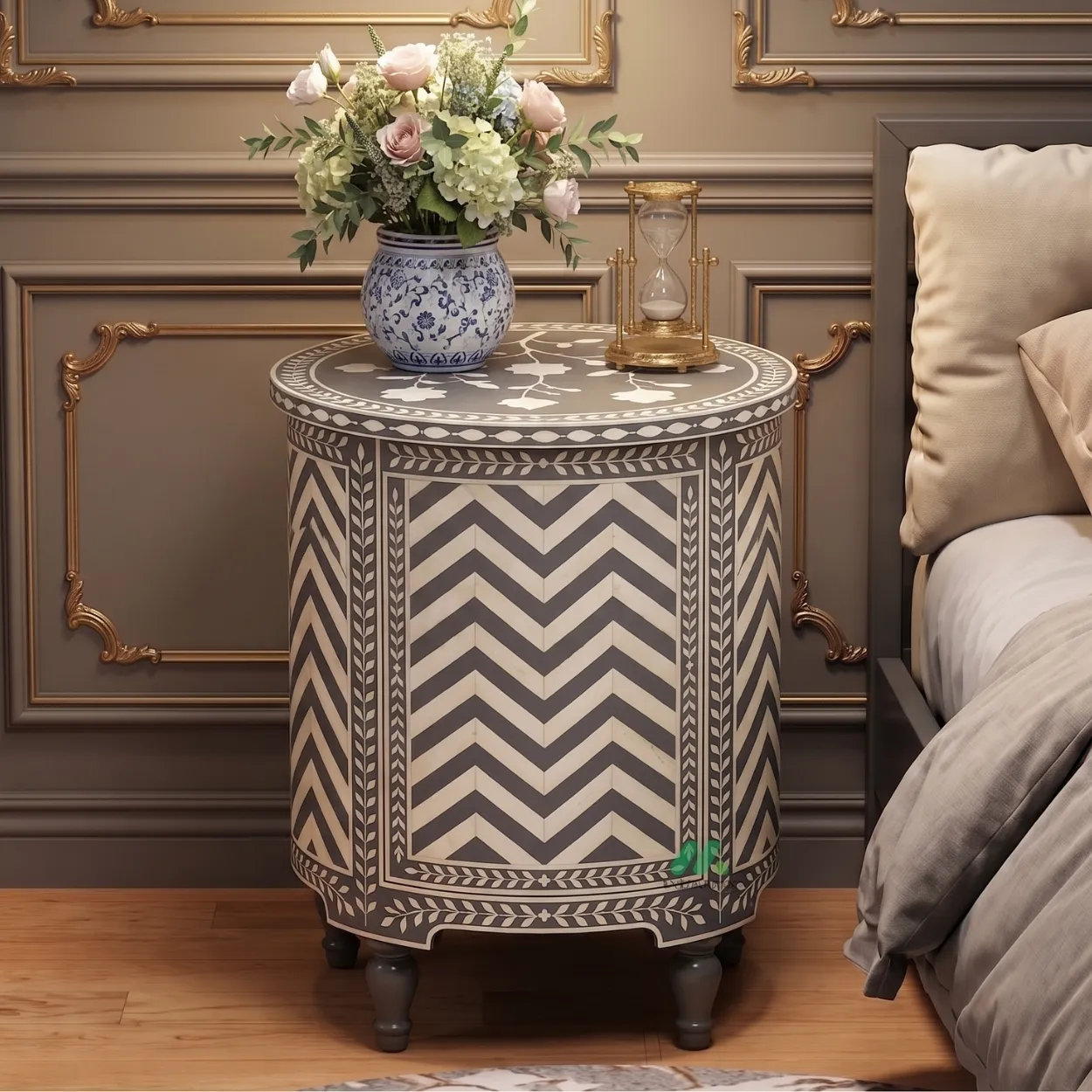 Bone Inlay Grey Round Bedside Table with 2 - Image 4