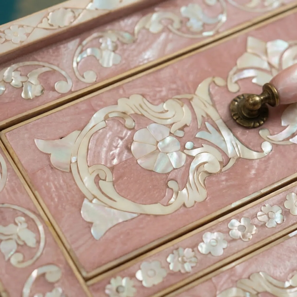Mother Of Pearl Pink Bedside Table with 3 Drawers - Image 4