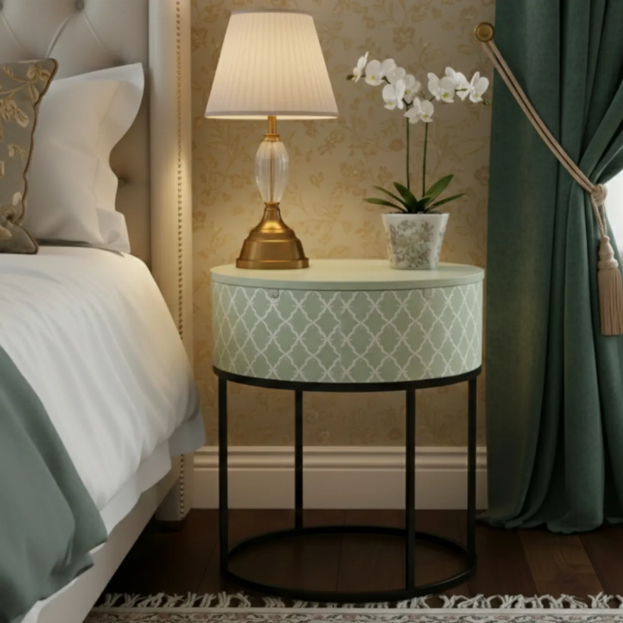 Bone Inlay Light Green Round Bedside Table - Image 2
