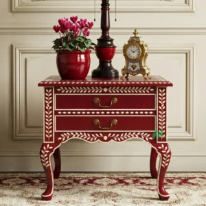 Bone Inlay Red Bedside Table