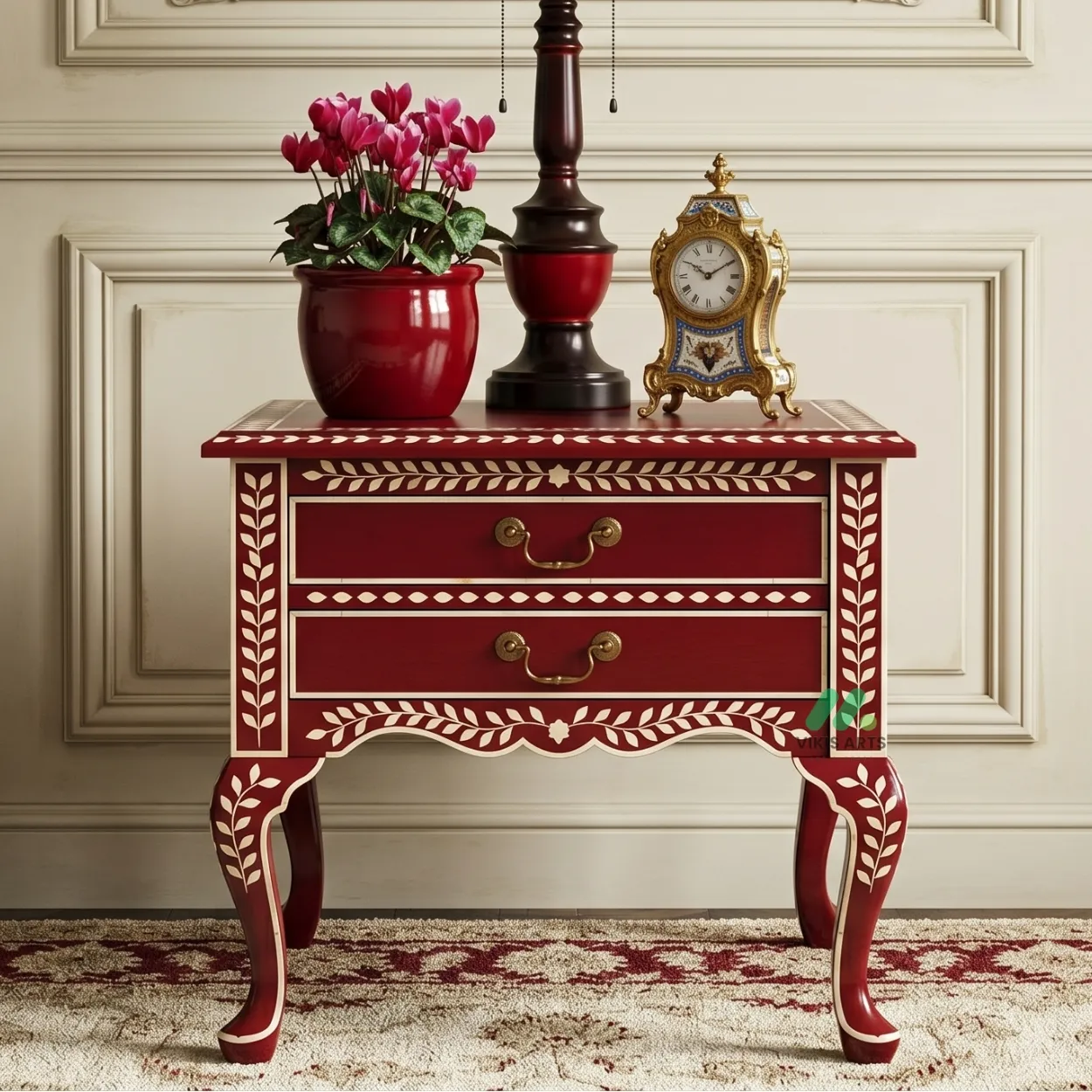 Bone Inlay Red Bedside Table