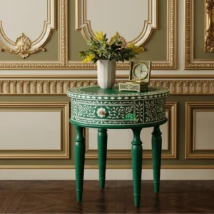 Bone Inlay Green Round Bedside Table