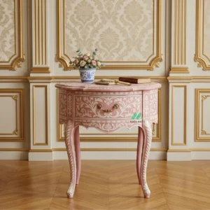 Bone Inlay Pink Round Bedside Table