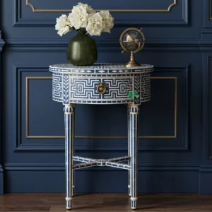 Bone Inlay Blue Round Bedside Table