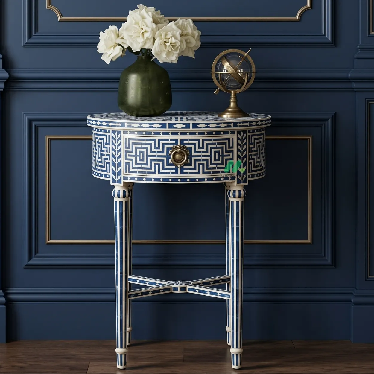 Bone Inlay Blue Round Bedside Table