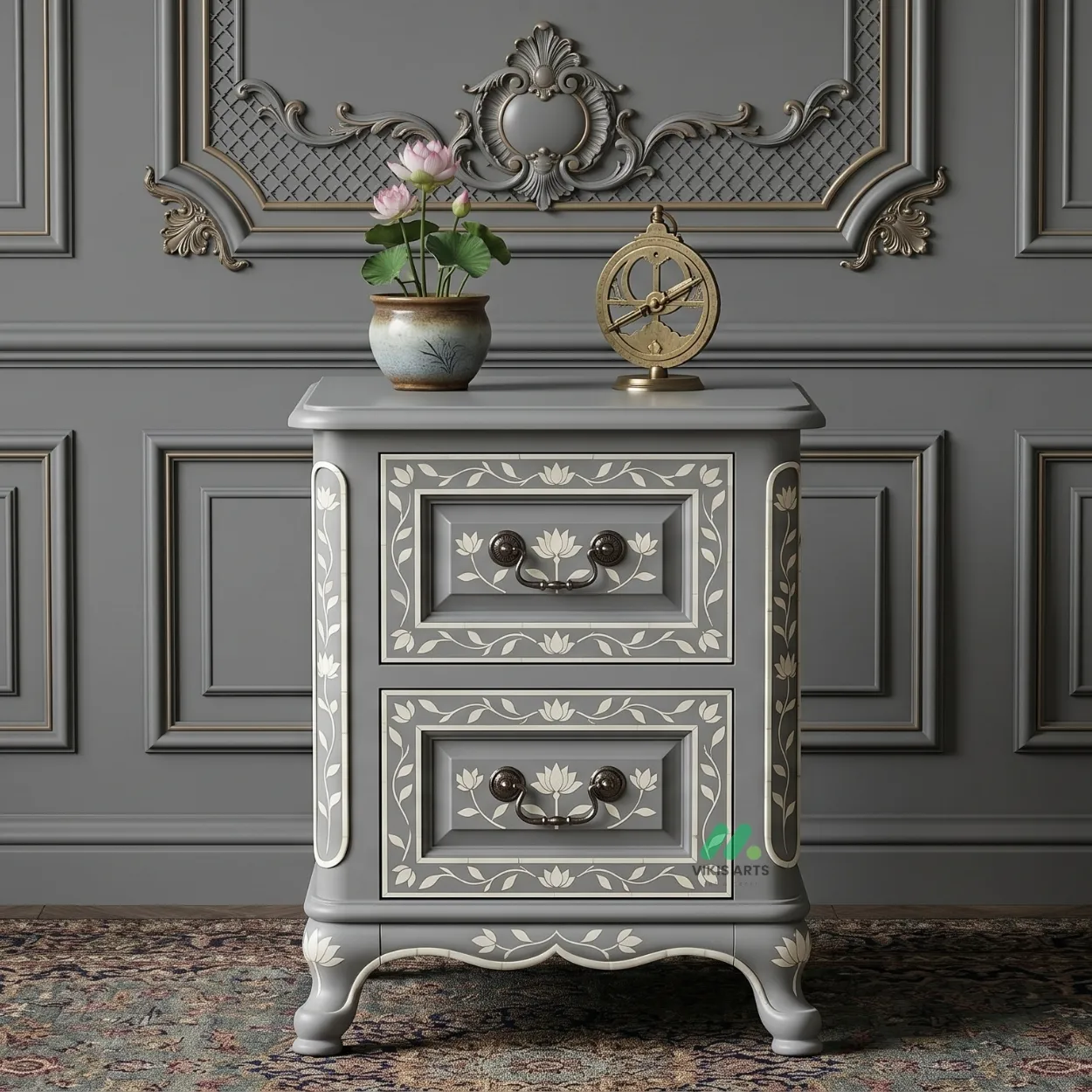 Bone Inlay Grey Bedside Table