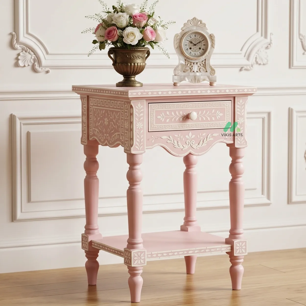 Bone Inlay Pink Bedside Table