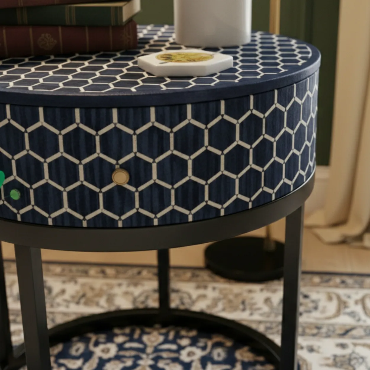 Bone Inlay Blue Round Bedside Table with 2 Drawers - Image 4