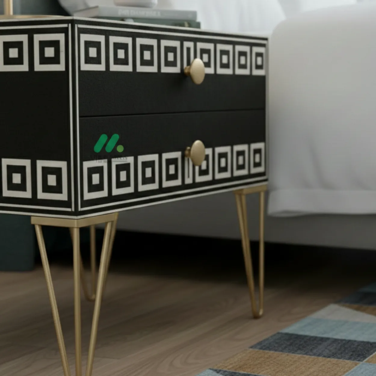 Bone Inlay Black Bedside Table with 2 Drawer - Image 4