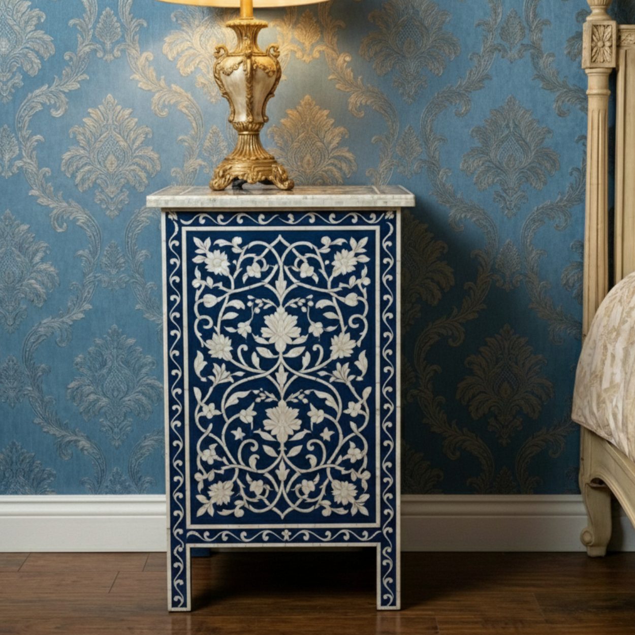 Mother Of Pearl Navy Blue Bedside Table with 3 Drawer - Image 2