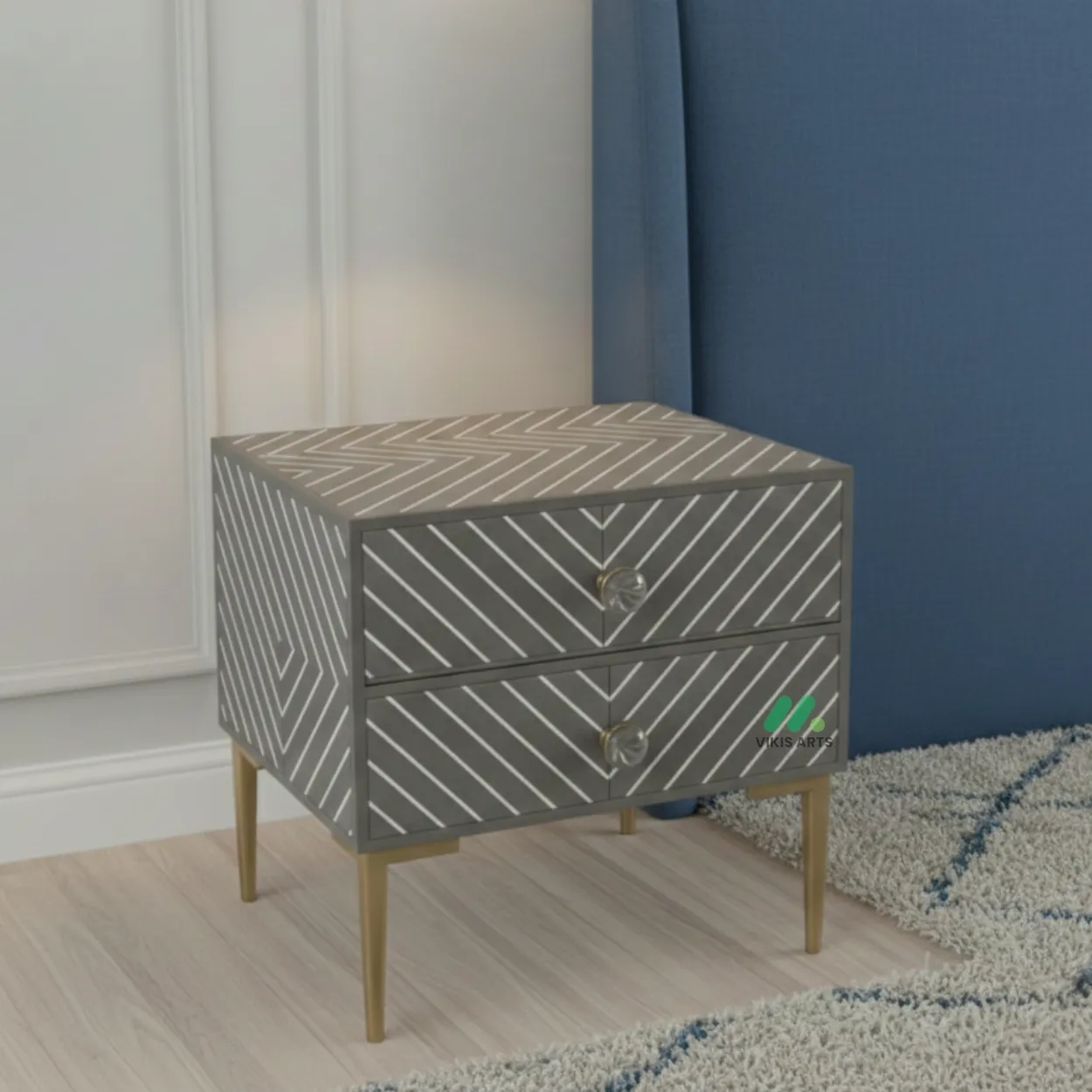 Bone Inlay Grey Bedside Table with 2 Drawer