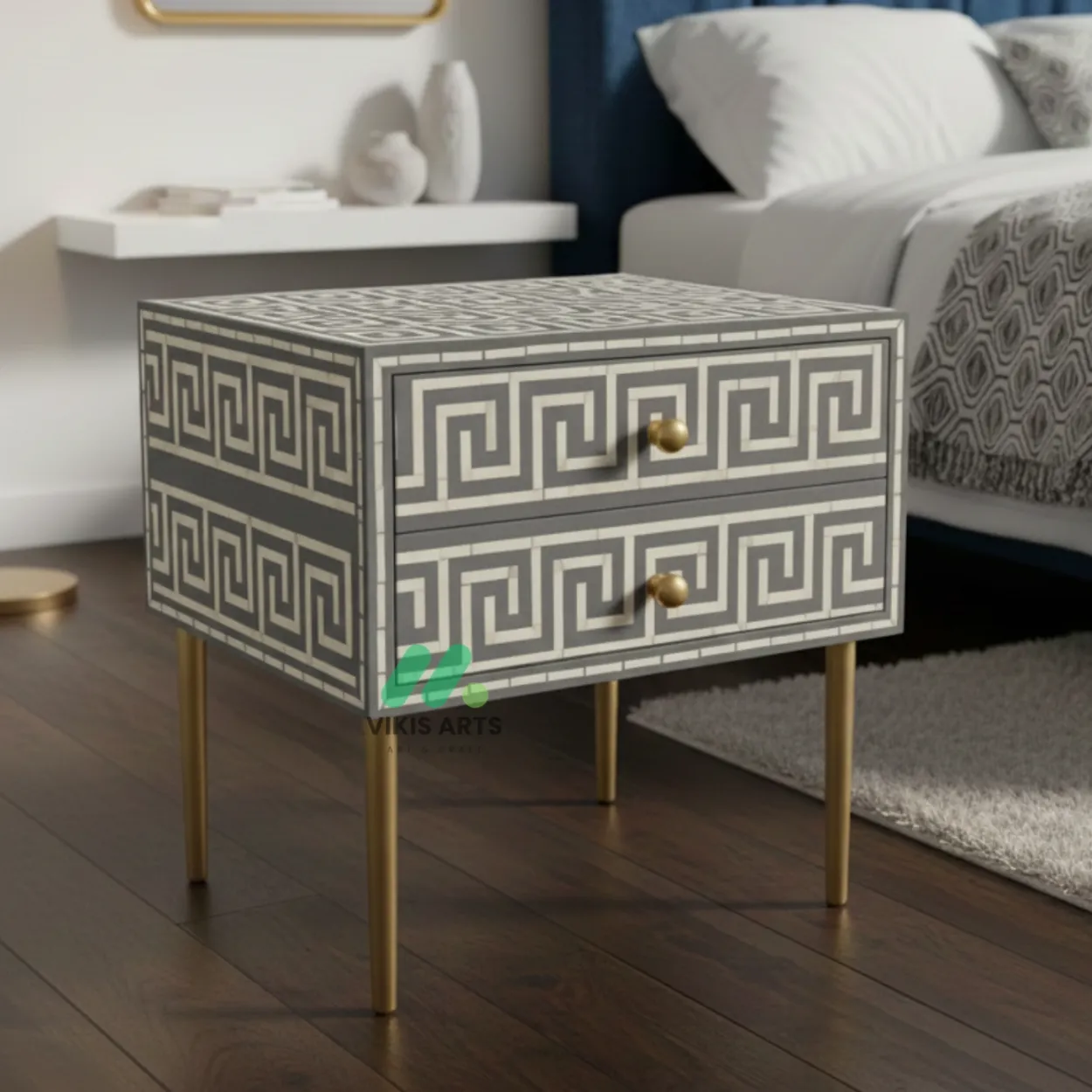 Bone Inlay Grey Bedside Table with 2 Drawer