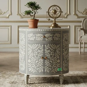 Bone Inlay Grey Round Bedside Table