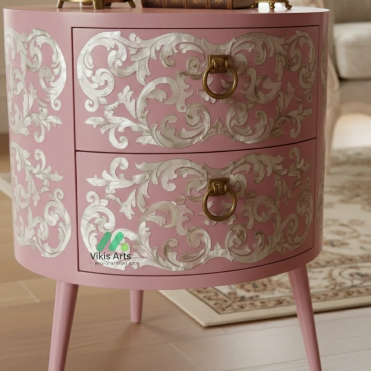 Mother of pearl Pink Round Bedside Table - Image 4