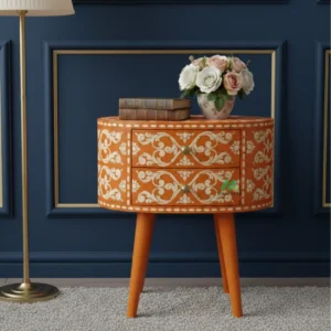Bone Inlay Orange Round Bedside Table