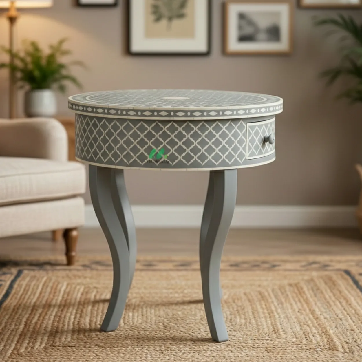 Bone Inlay Grey Round Bedside Table with 1 Drawer - Image 4