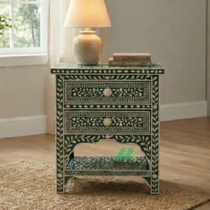 Bone Inlay Green Bedside Table with 2 Drawer