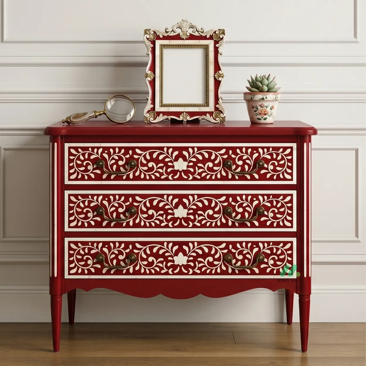 Bone Inlay Red 3 Chest of Drawer