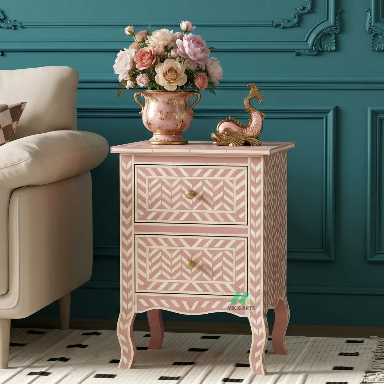 Bone Inlay Pink Bedside Table