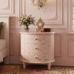 Bone Inlay Pink Round Bedside Table